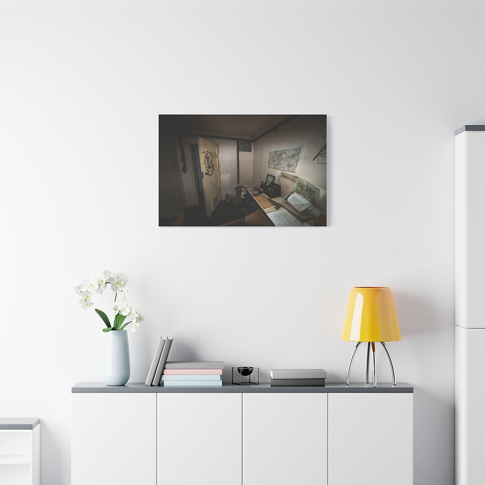 Thumbnail: Urban exploration canvas print showing abandoned room with desk and papers.