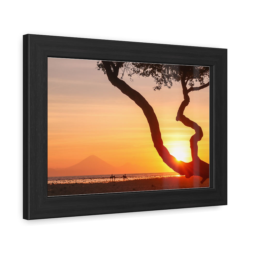 Thumbnail: Framed art print: beautiful sunset over ocean, tree silhouette, distant mountain.