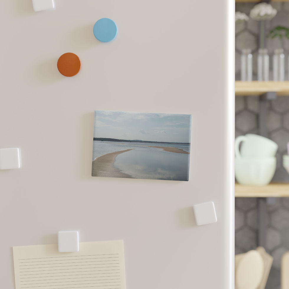 Thumbnail: Refrigerator magnet displaying a tranquil beach scene with water and cloudy sky.