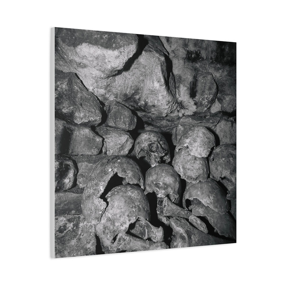 Thumbnail: Stacked human skulls and bones, black and white, from catacombs.