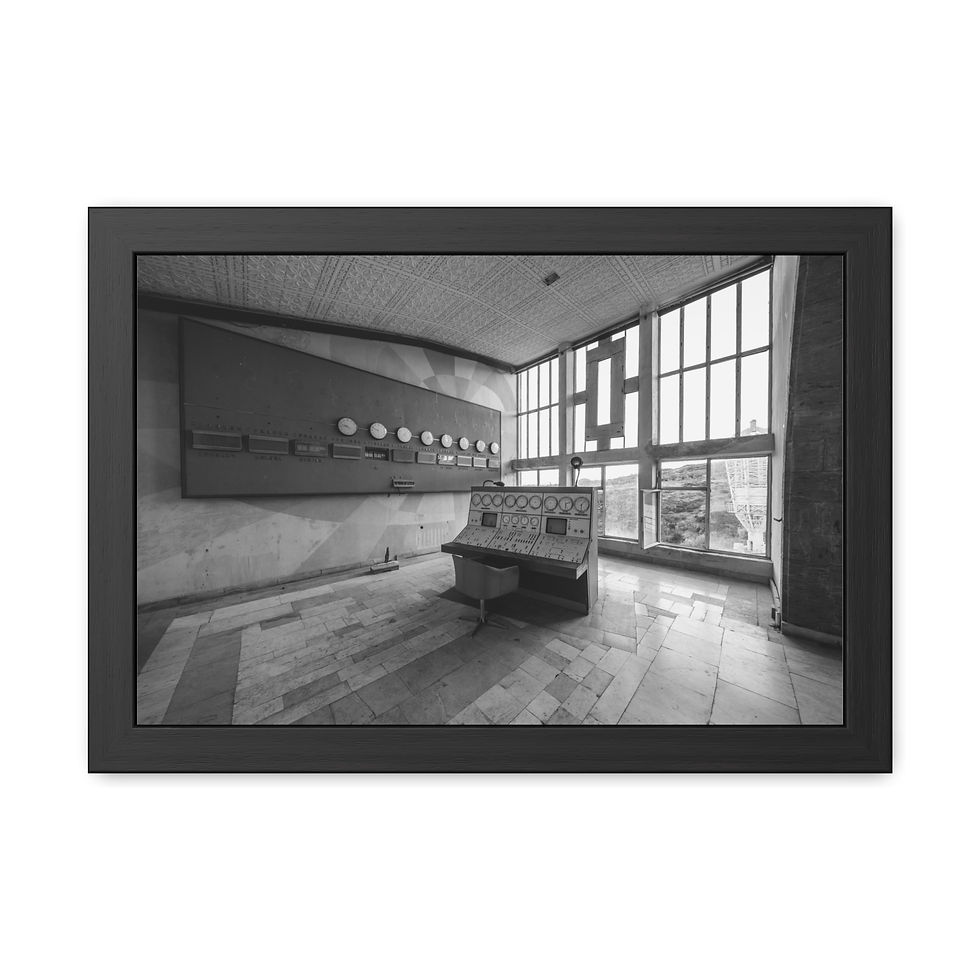 Thumbnail: Abandoned control room, Framed Posters - Weathered Peace Monument, Forgotten Statue.