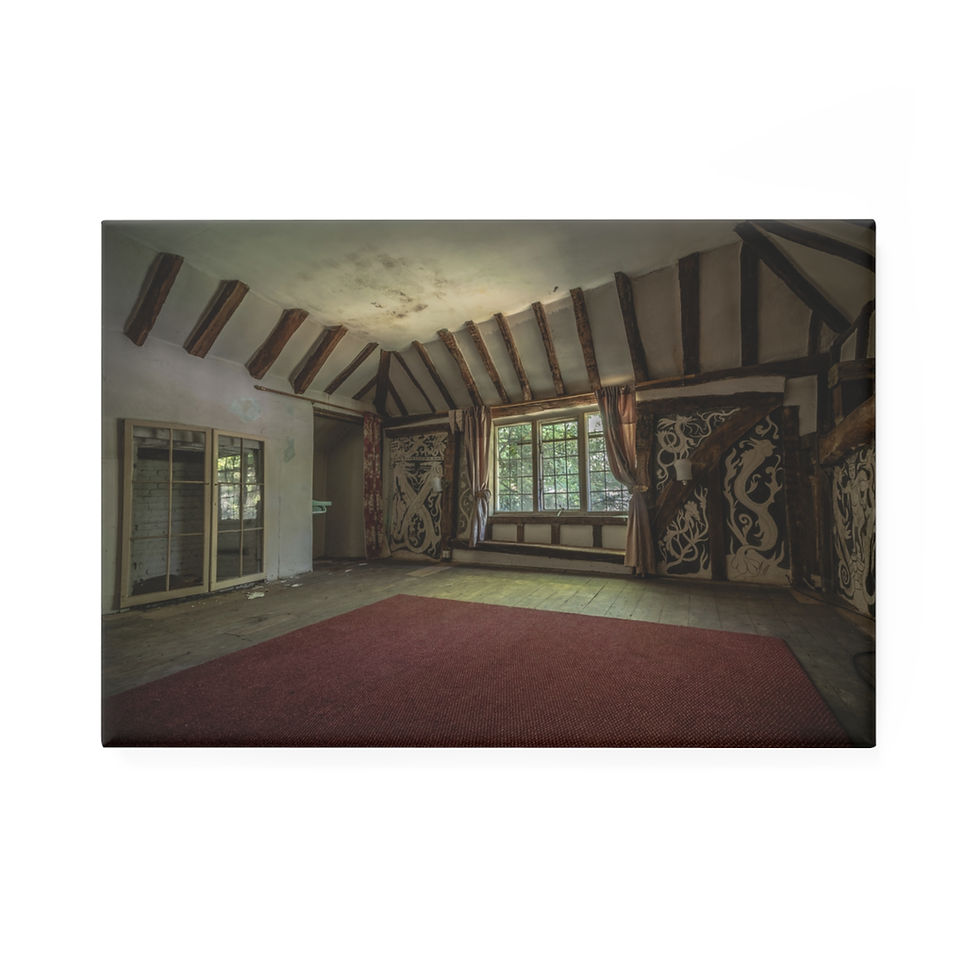 Thumbnail: Abandoned room with red carpet, exposed wooden beams, and large windows.