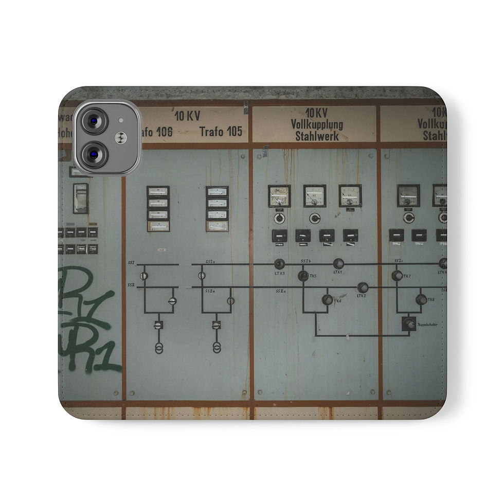 Thumbnail: Phone case featuring old industrial control panel, "10 KV", "Stahlwerk", graffiti.