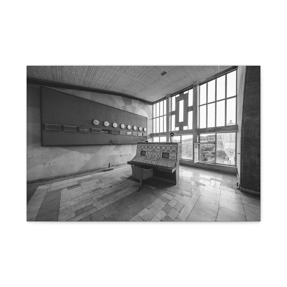 Thumbnail: Grayscale abandoned control room with clocks, console, and vast windows.