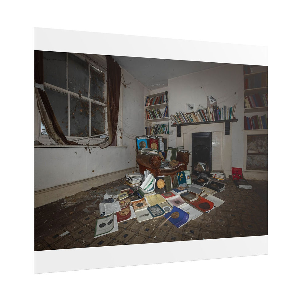 Thumbnail: Abandoned room with scattered vinyl records, worn armchair, and bookshelves.
