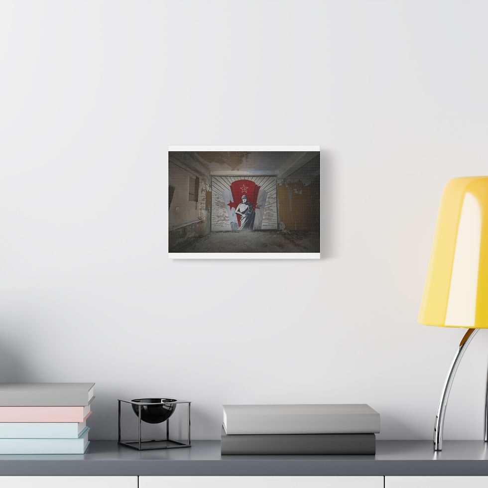 Thumbnail: Canvas print of graffiti art: figure with red heart in derelict room.