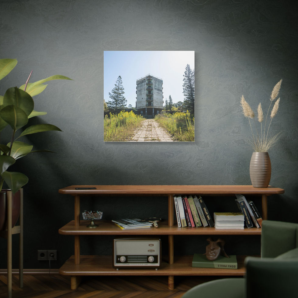 Thumbnail: Framed art print: abandoned Dagva House of Culture, Georgia on dirt path.
