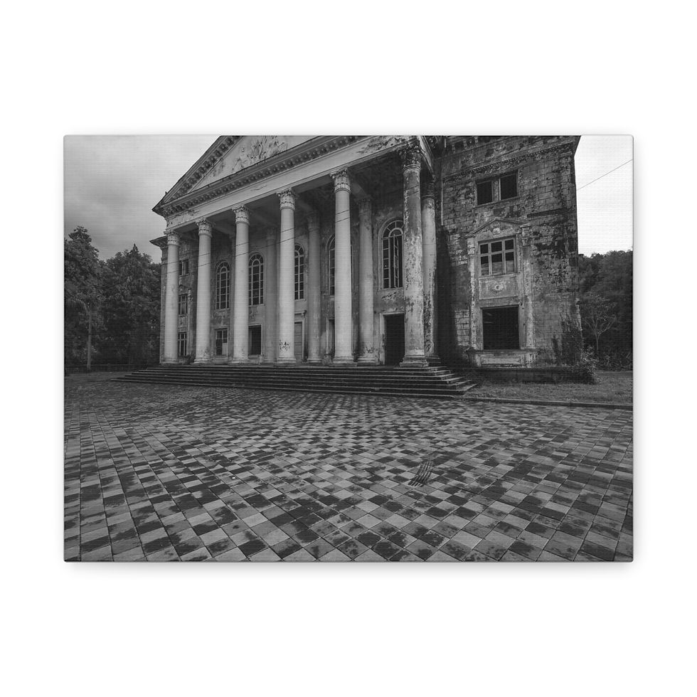 Thumbnail: Abandoned classical mansion, crumbling columns, weathered stone ground, black and white.