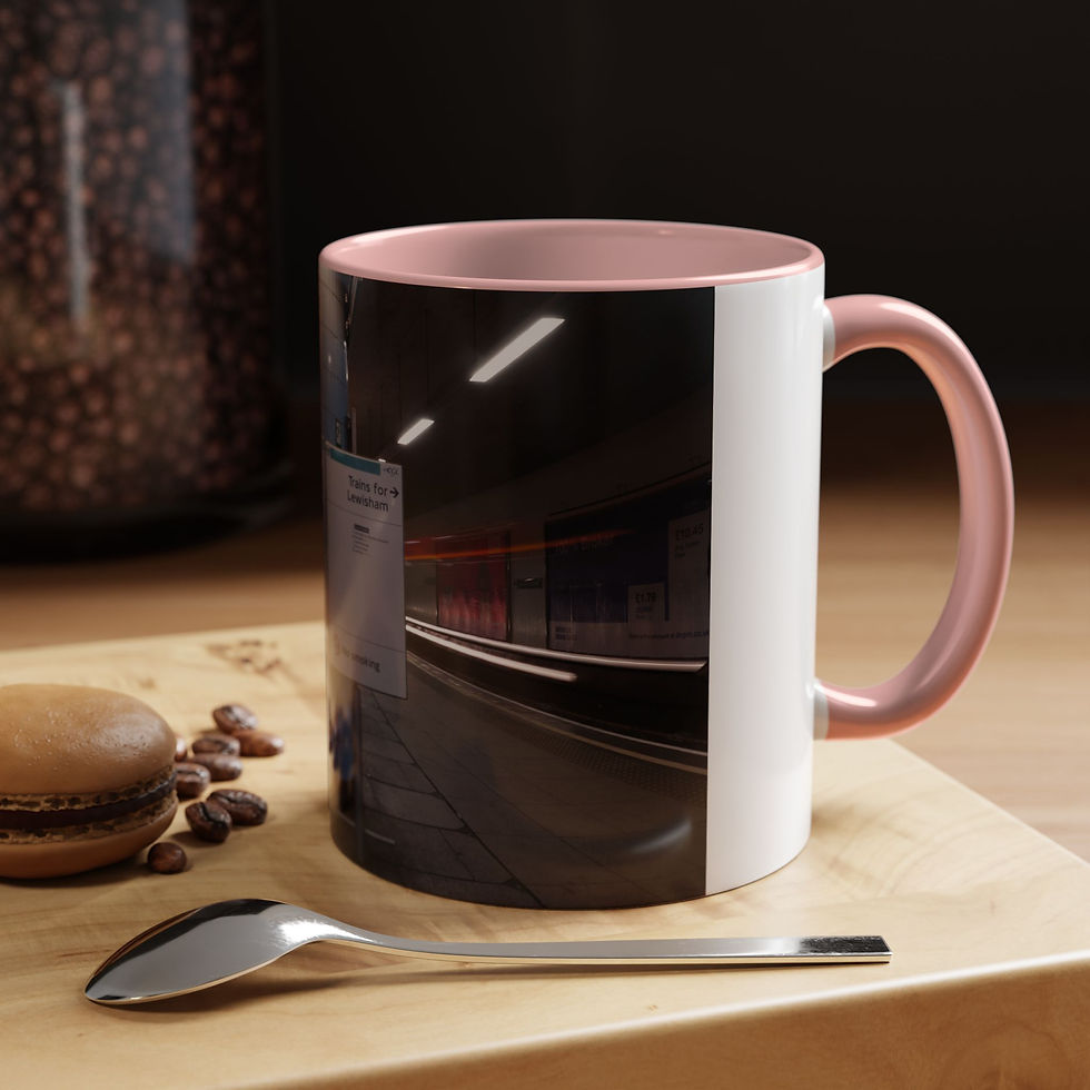 Thumbnail: White and pink coffee mug, subway platform light trails design.