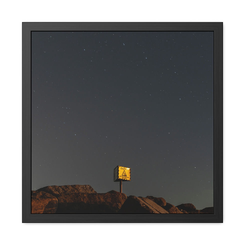 Thumbnail: Square framed art print of yellow warning sign, rocky desert, starry night.