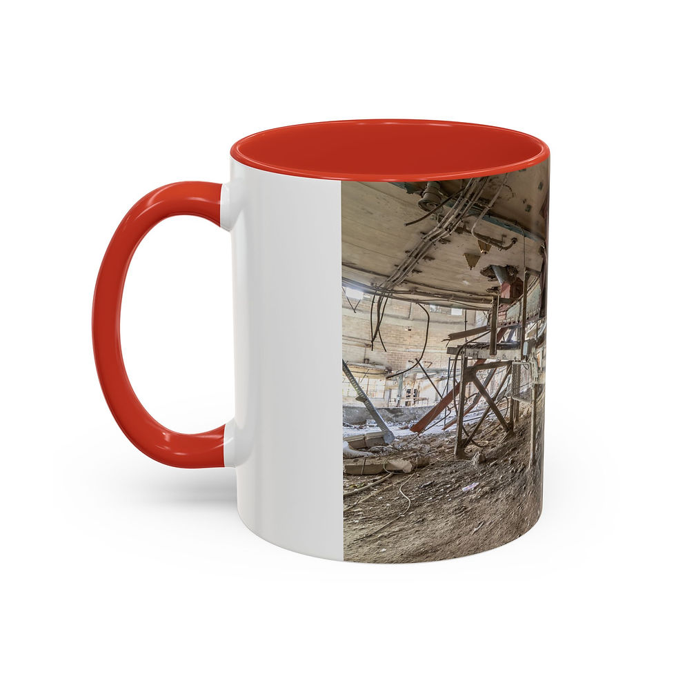 Thumbnail: White and red mug with image of derelict abandoned building interior.