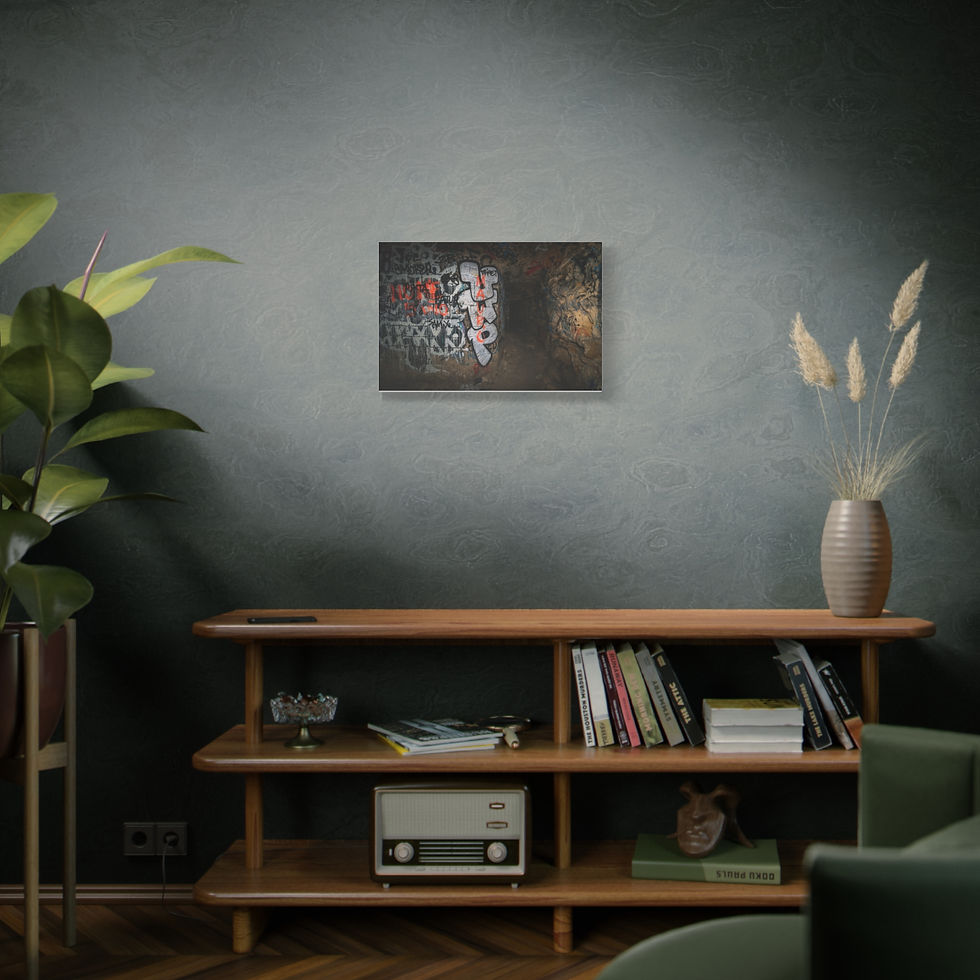 Thumbnail: Abstract canvas print on dark wall above a wooden console table.