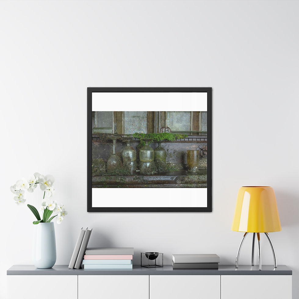 Thumbnail: Framed Thai Paper Mill Poster Print: Decommissioned Industrial Site, mossy jars, weathered wood.