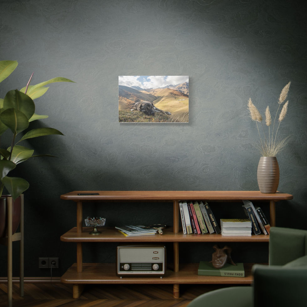 Thumbnail: Panoramic canvas art of a golden mountain valley with ancient structures.