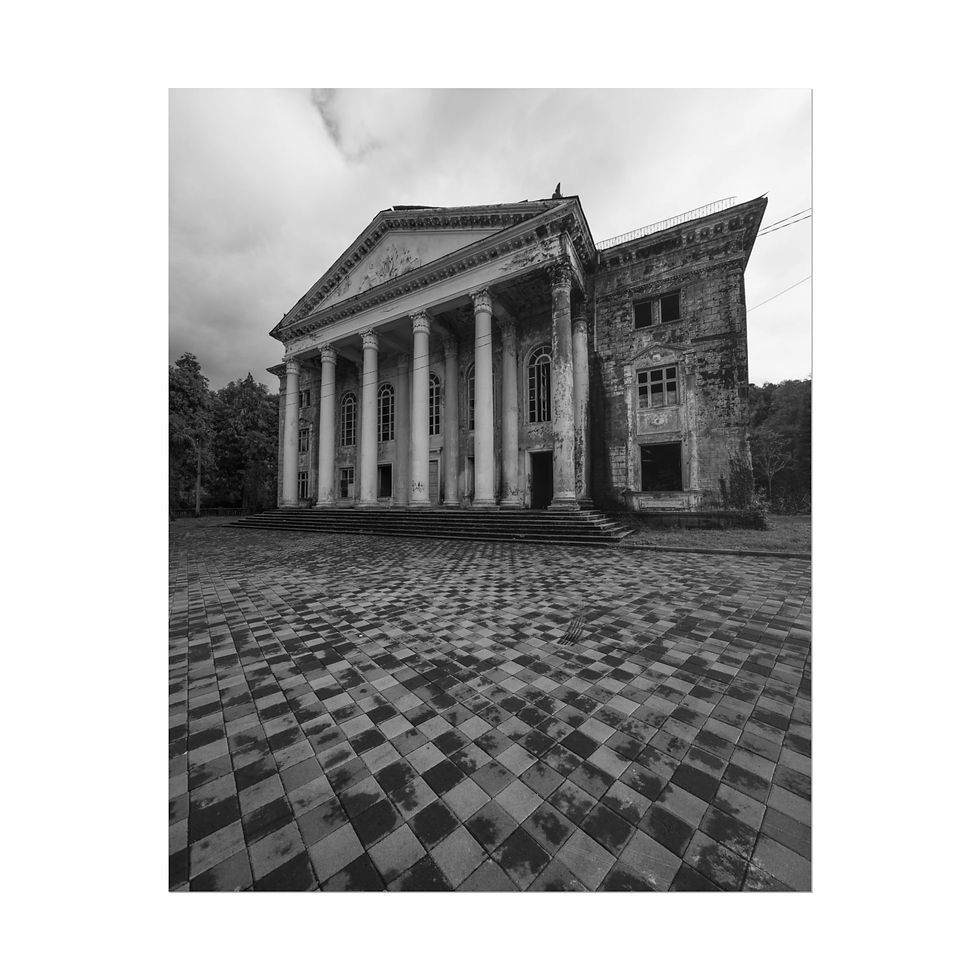 Thumbnail: Dilapidated classical building with grand columns and staircase on checkered ground.