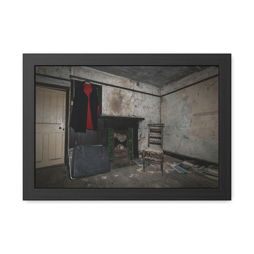 Thumbnail: Abandoned room with red coat, fireplace, old wooden chair, decaying walls.