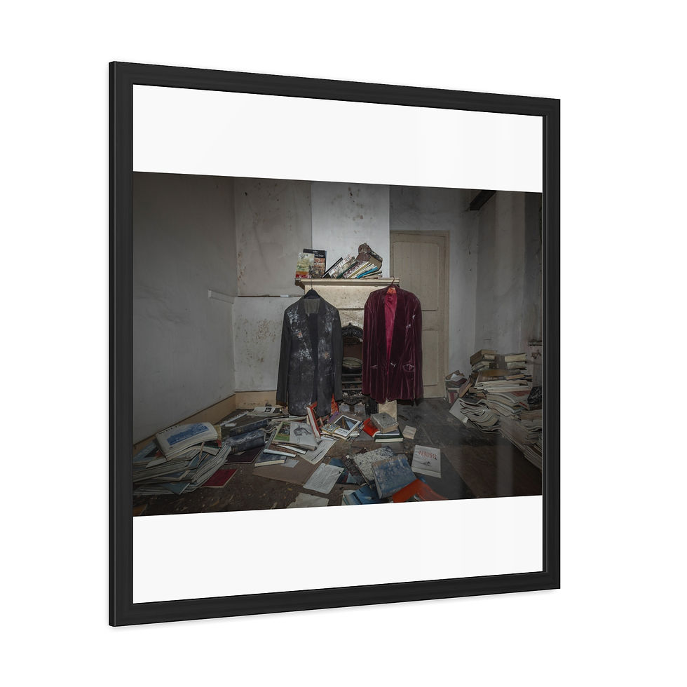 Thumbnail: Framed photo of a disheveled room with scattered papers, hanging clothes.