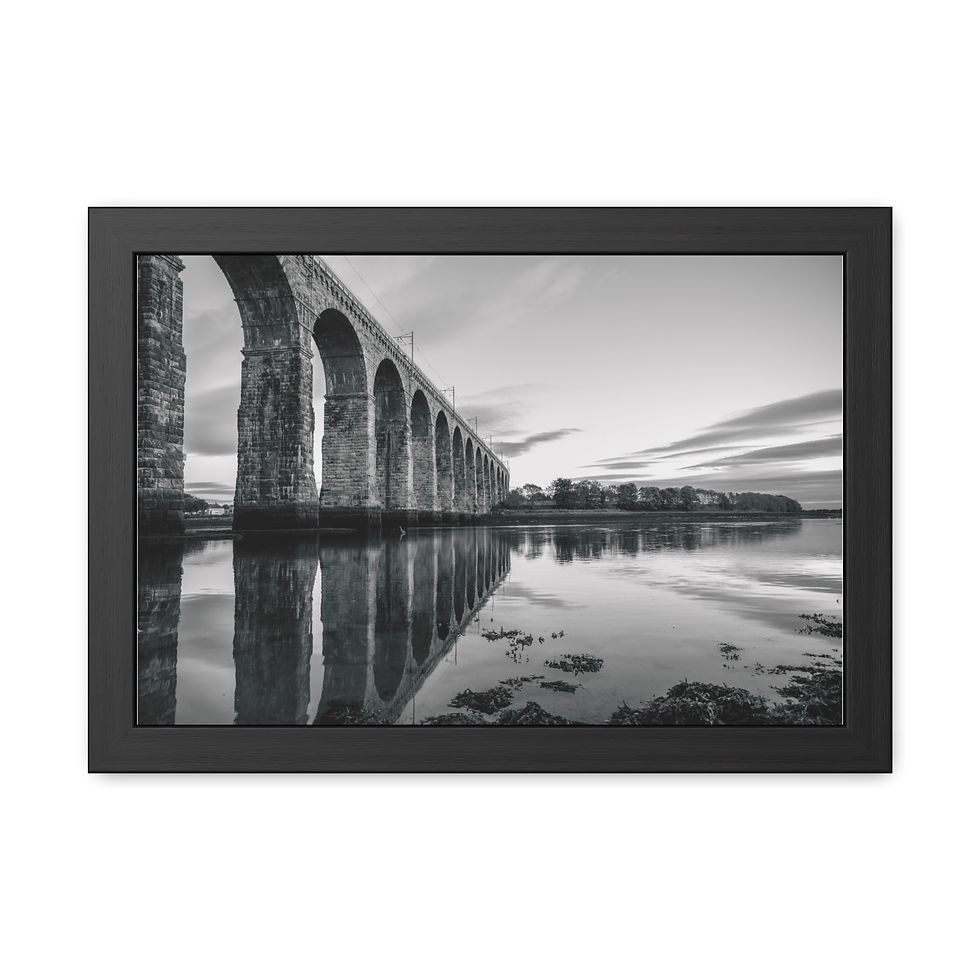 Thumbnail: Black and white photograph of stone arch viaduct reflecting in calm water.