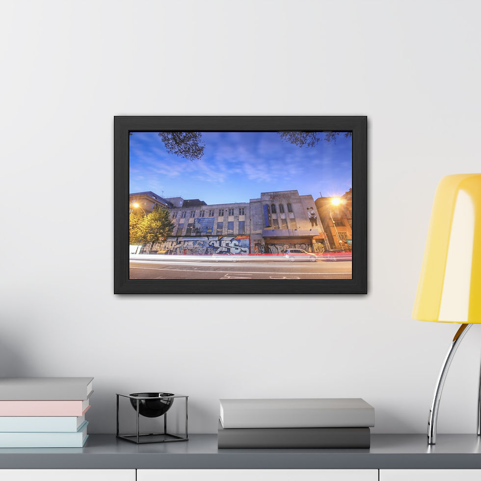 Thumbnail: Vibrant city street building at dusk with light trails, framed art.