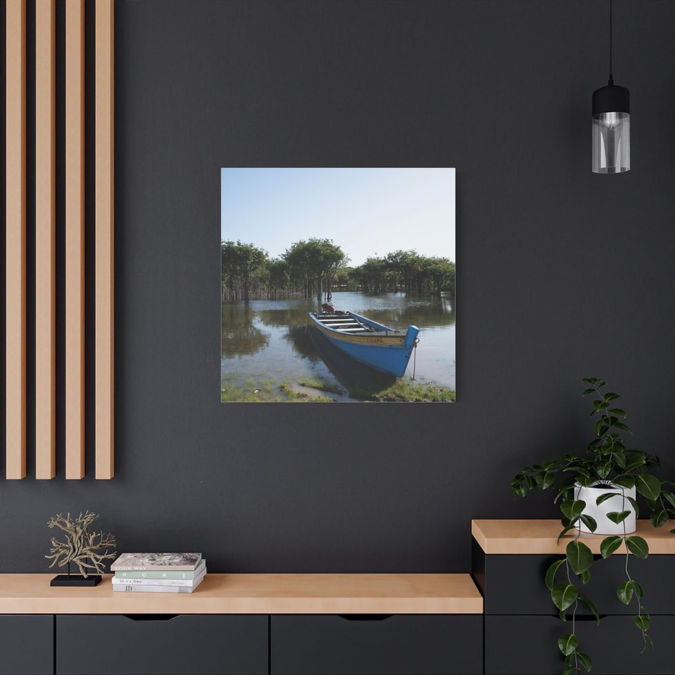 Thumbnail: Serene blue wooden boat floats in flooded water among green trees.