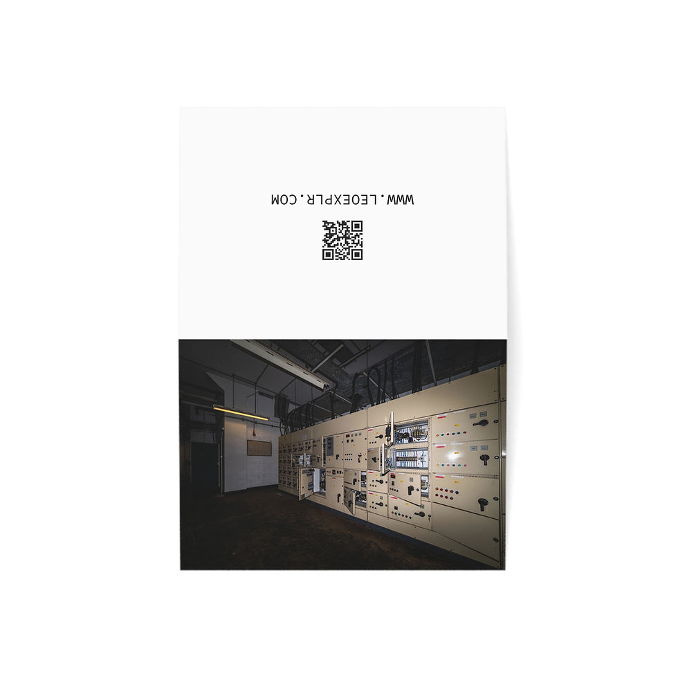 Thumbnail: White card, QR code, WWW.LEEEXPLR.COM, showing dark exhibition hallway.