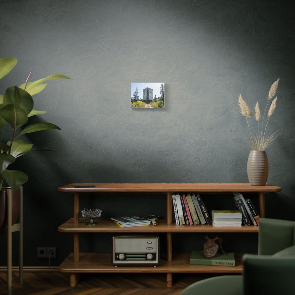 Thumbnail: Small framed painting of a building displayed in a modern room.