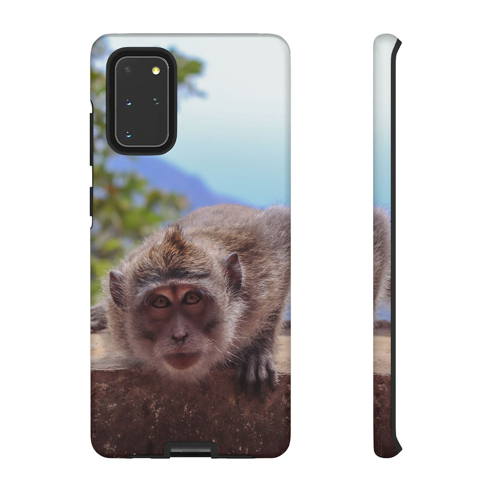 Thumbnail: Close-up monkey face on phone case, outdoor background.