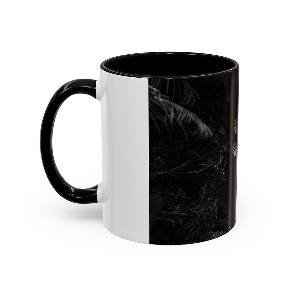 Thumbnail: White mug, black handle and interior, with a grayscale nature design.