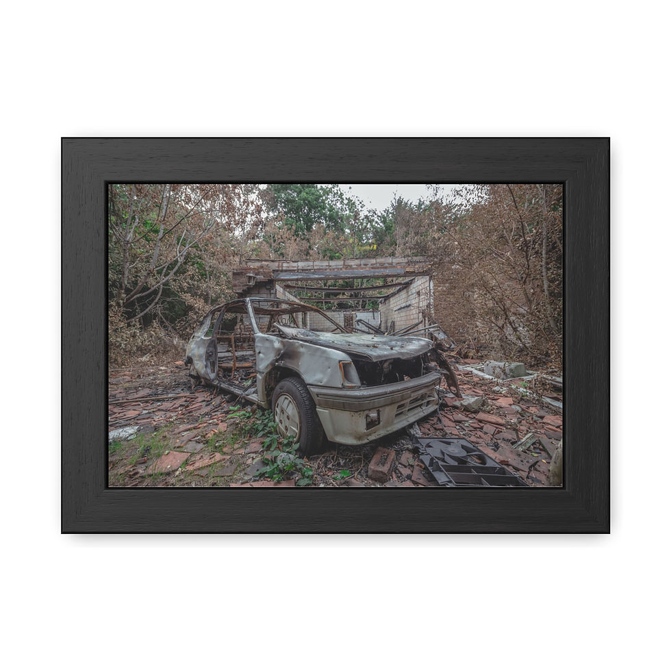 Thumbnail: Heavily damaged, burnt-out car wreck abandoned amidst dense, overgrown foliage.