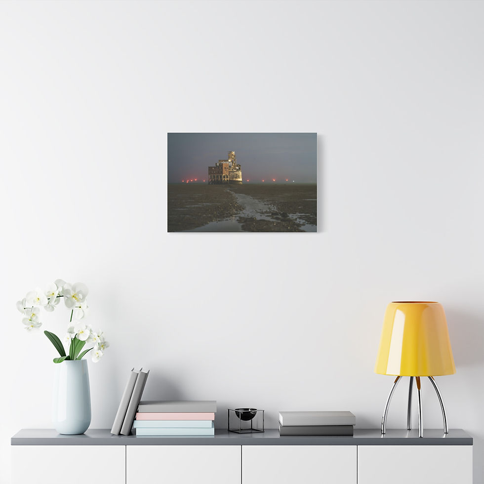 Thumbnail: Isolated building illuminated by distant red lights at night.