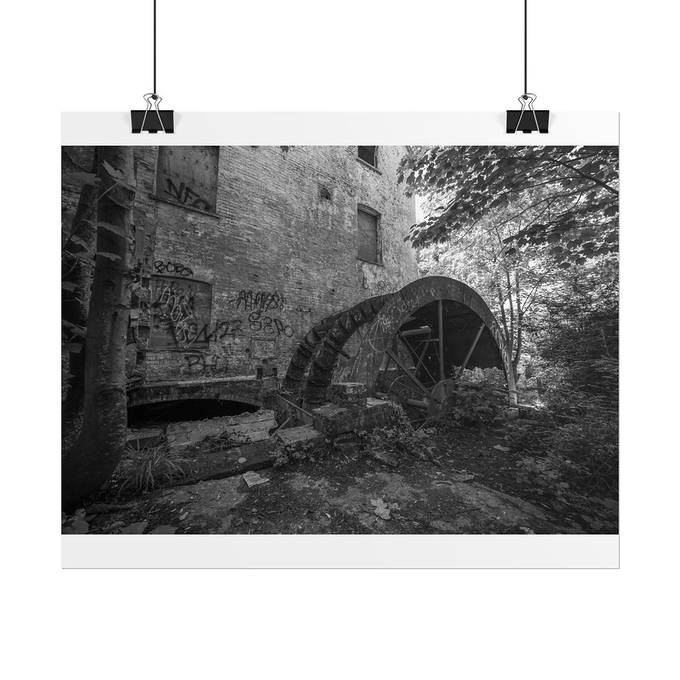 Thumbnail: Rustic black and white old mill ruin, large broken water wheel.