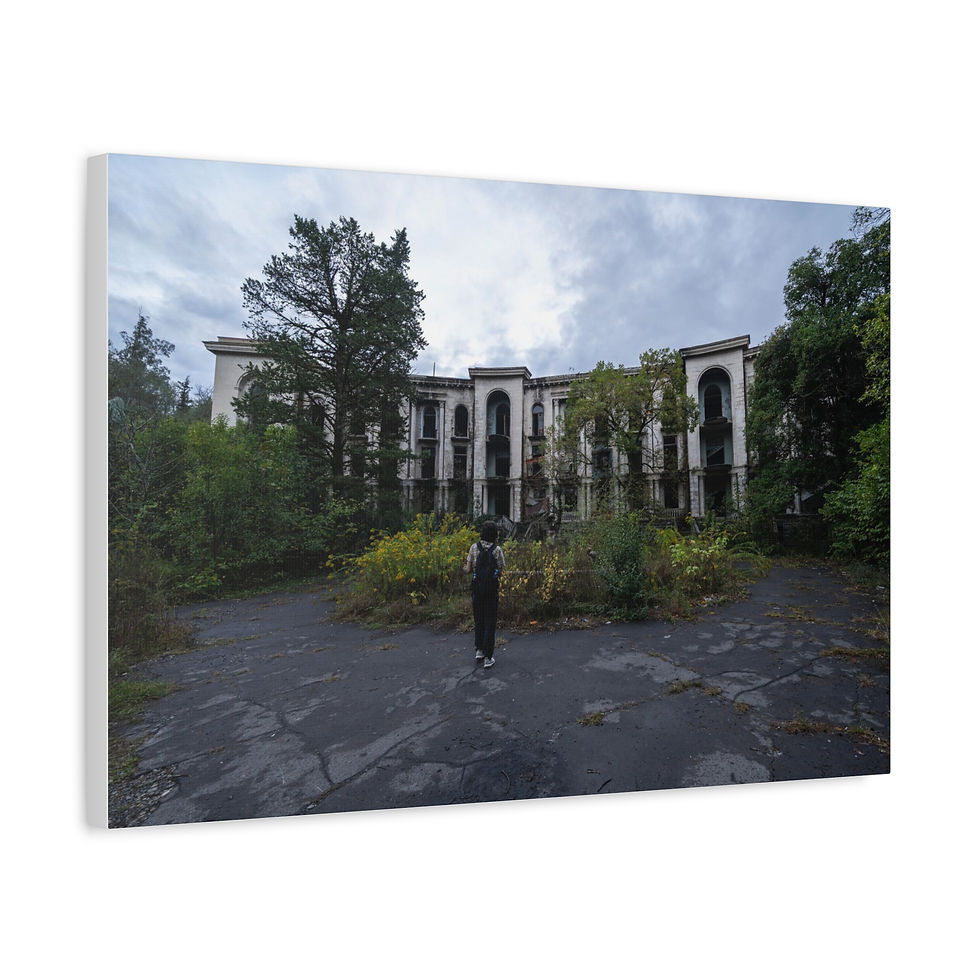 Thumbnail: Person stands before overgrown Abandoned Sanatorium Medea of Tskaltubo Canvas Wall Art.