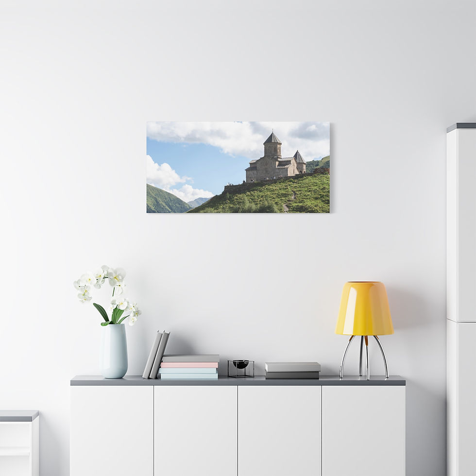 Thumbnail: Canvas Print | Gergeti Trinity Church Under a Blue Georgian Sky, Kazbegi