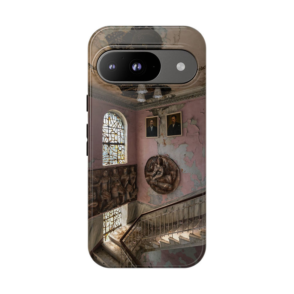 Thumbnail: Phone case shows abandoned ornate staircase with arched stained glass window.