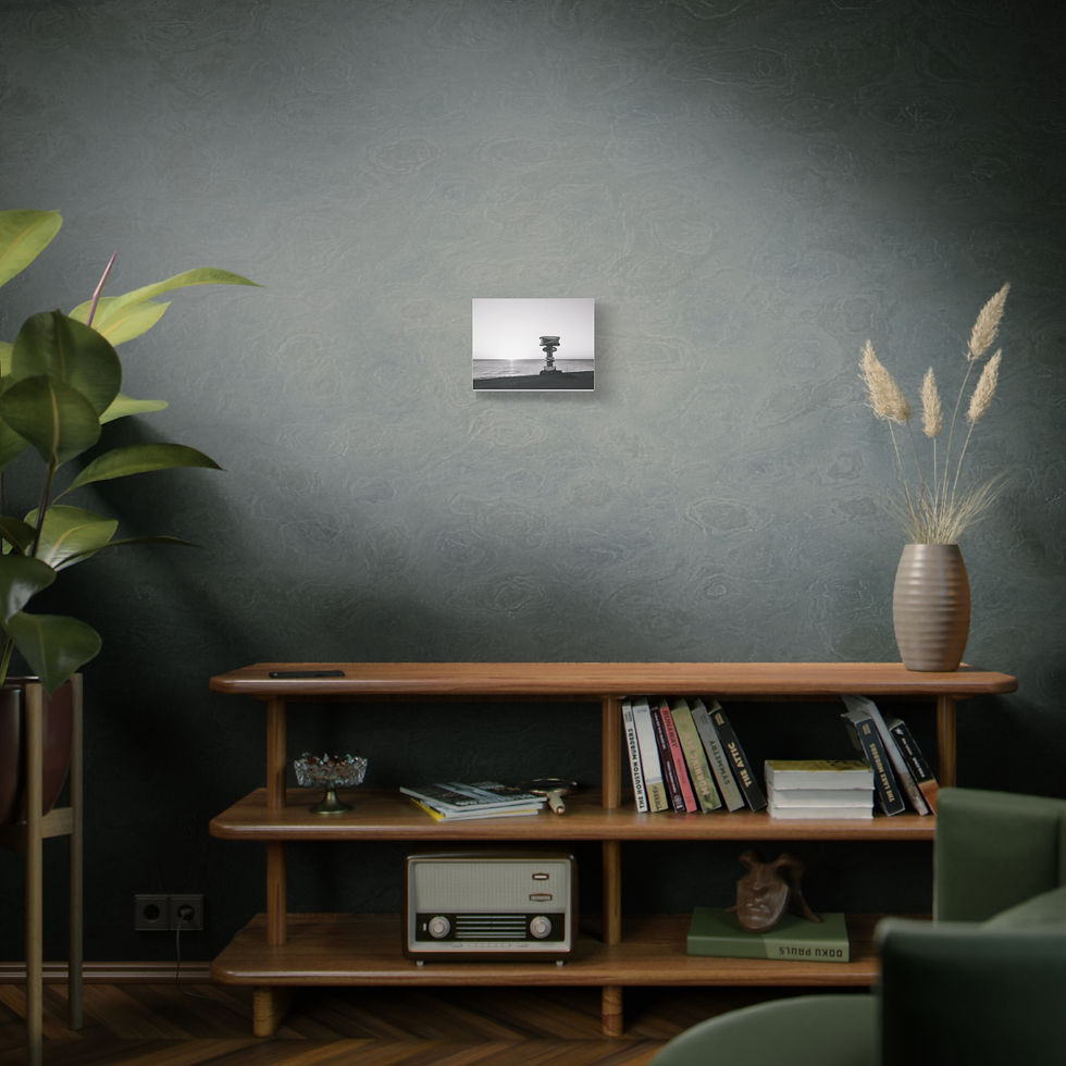 Thumbnail: Small black and white photo on dark wall above wooden shelf.