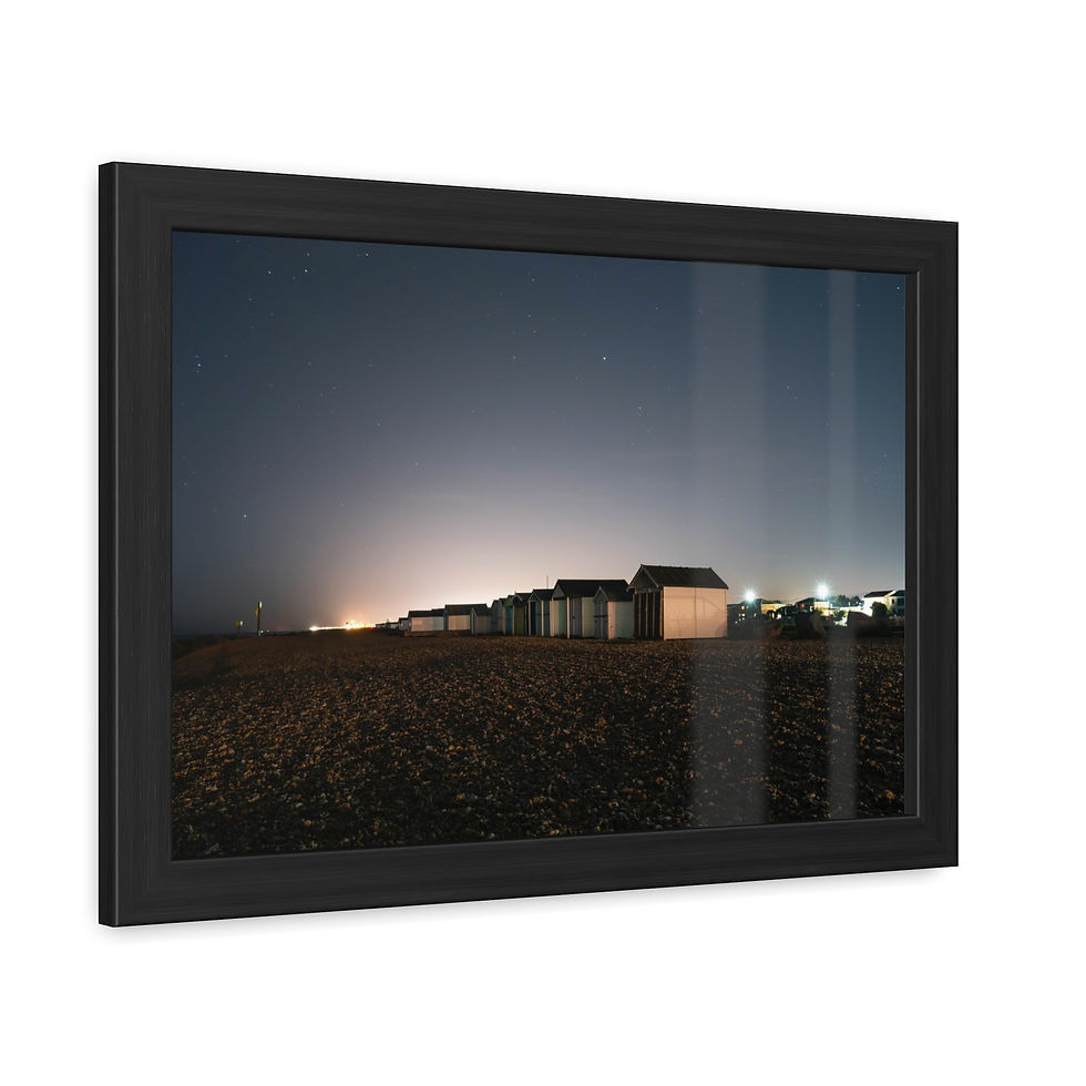 Thumbnail: Framed poster showing white beach huts at night under a dark sky.