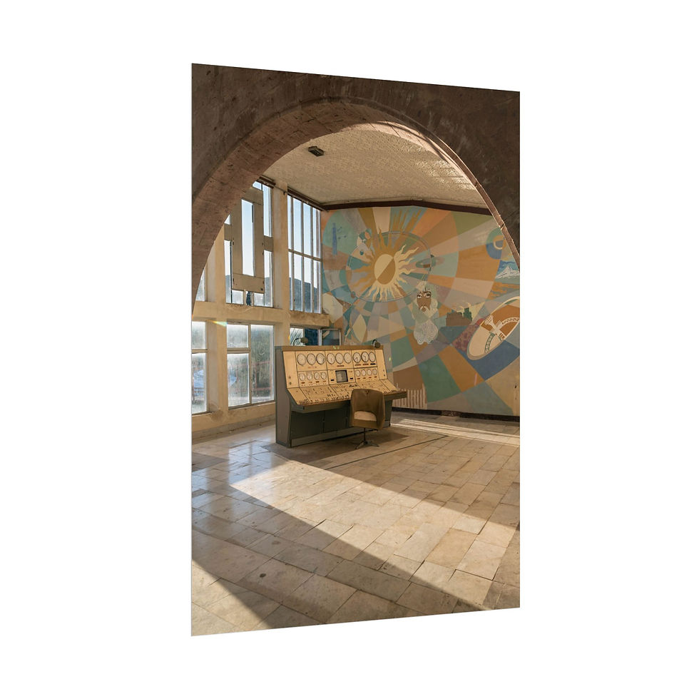 Thumbnail: Wooden bench with P.S. 147 in arched room, colorful mural, sunlit floor.