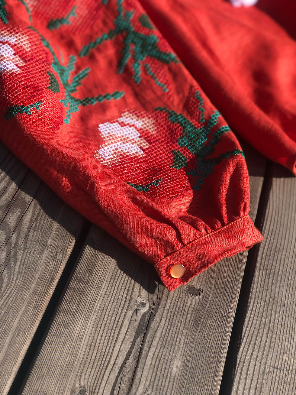 Прев'ю: Півонія, кораловий льон, червоно-зелена вишивка