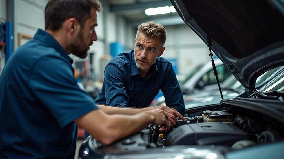 High angle view of a mechanic explaining car engine issues to a customer