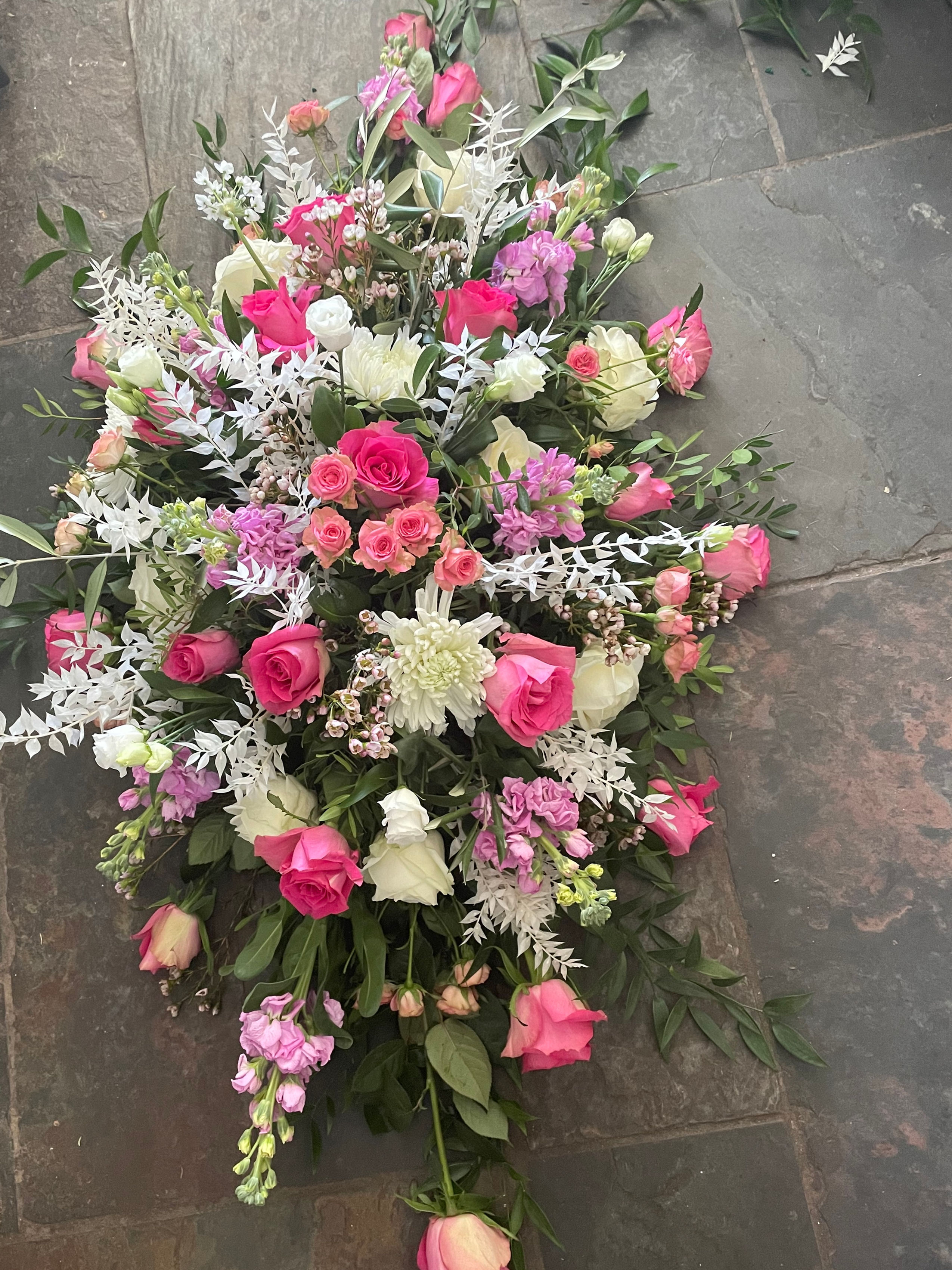 Pink and white rose coffin spray