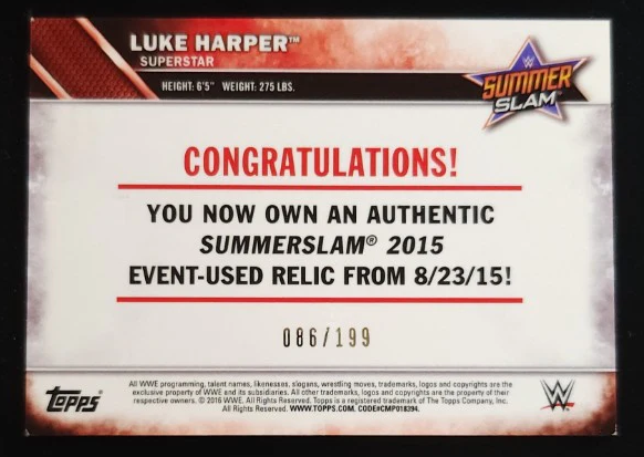 Thumbnail: Luke Harper 2016 Topps Mat Relic 86/199 WWE