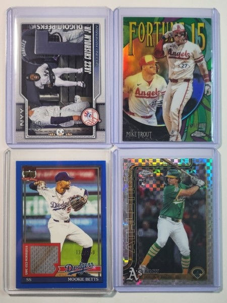 dugout peeks jazz chisholm. mookie betts relic. nick kurtz rookie refractor