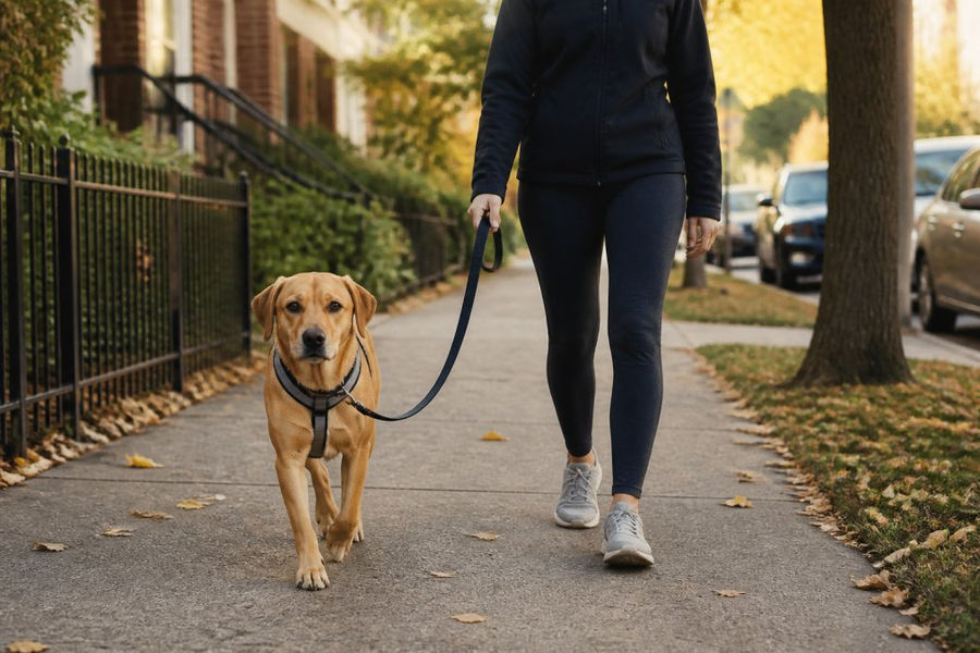 A calm dog wearing a well-fitted front-clip harness walking on a quiet residential sidewalk with a relaxed handler holding a loose leash, soft morning light, trees and parked cars in background