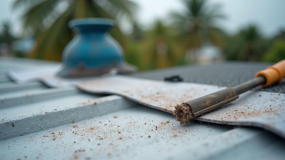 Close-up view of roofing materials and tools on a Miami roof