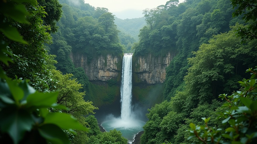High angle view of a lush green rainforest with a waterfall