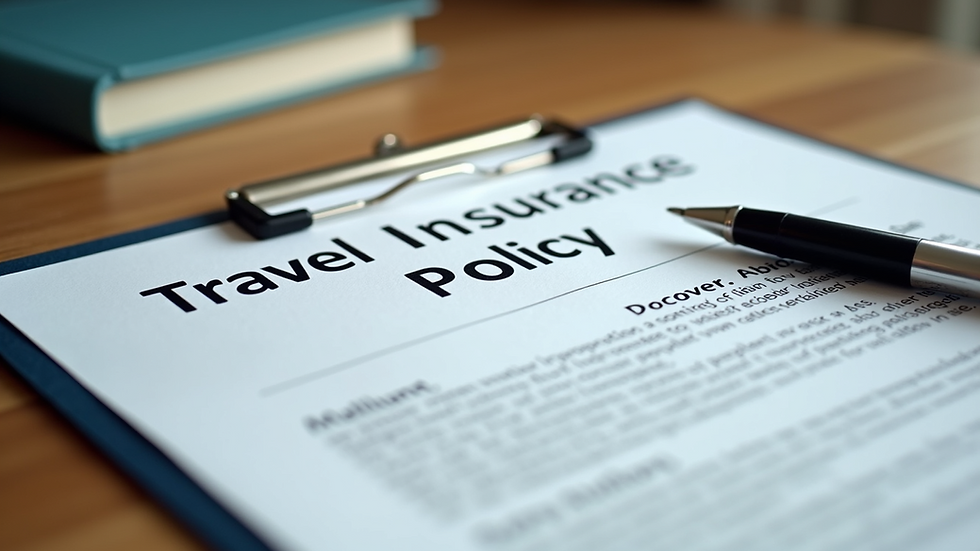Close-up view of a travel insurance policy document and a pen on a wooden table