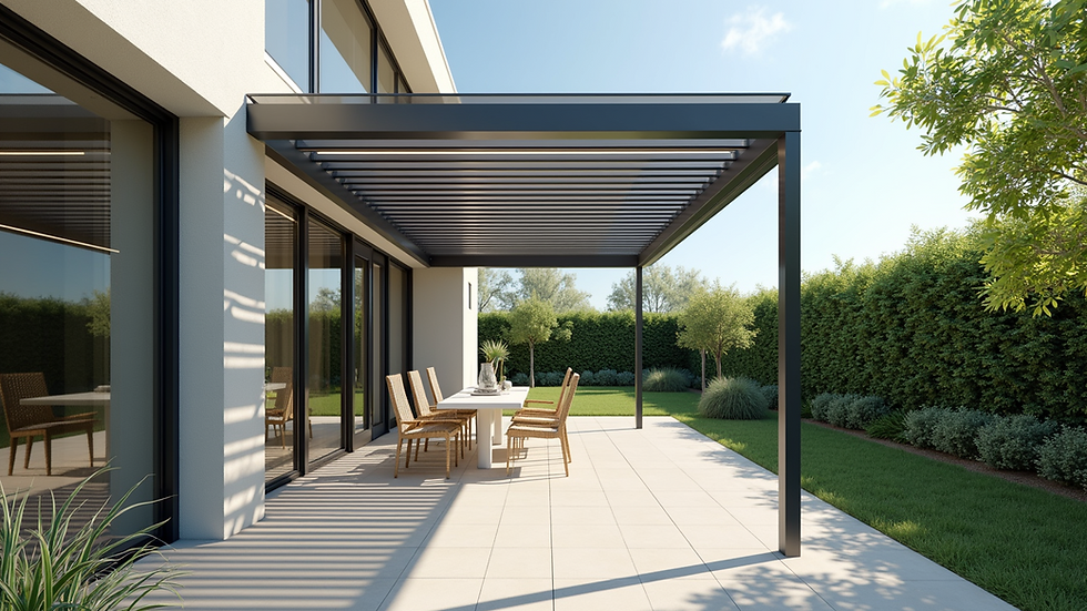 Eye-level view of modern aluminum pergola with adjustable louvers