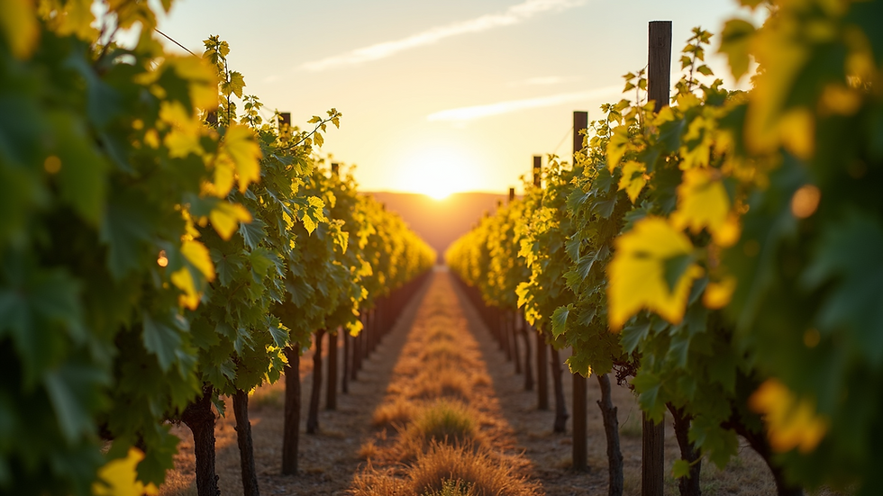 Eye-level view of a sunlit Tuscan vineyard in spring