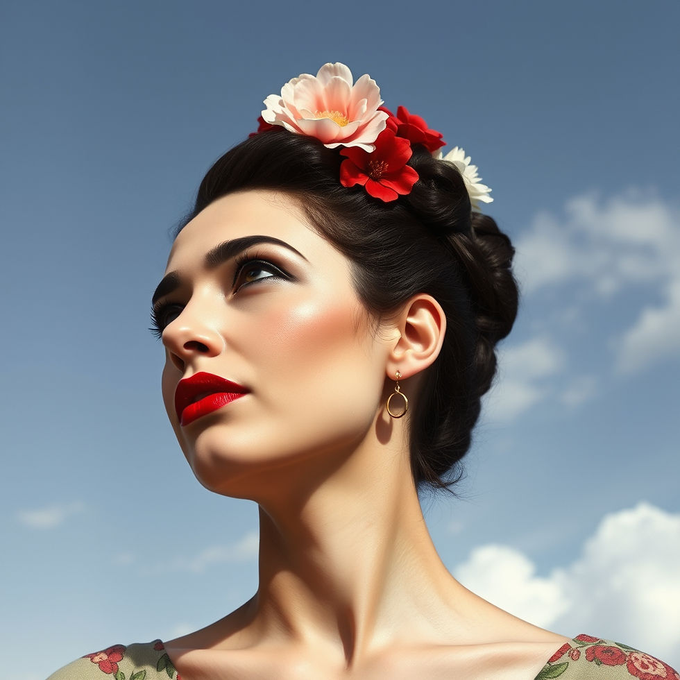 woman with flowers in her hair and reminds you of frida kahlo looking at the sky with red