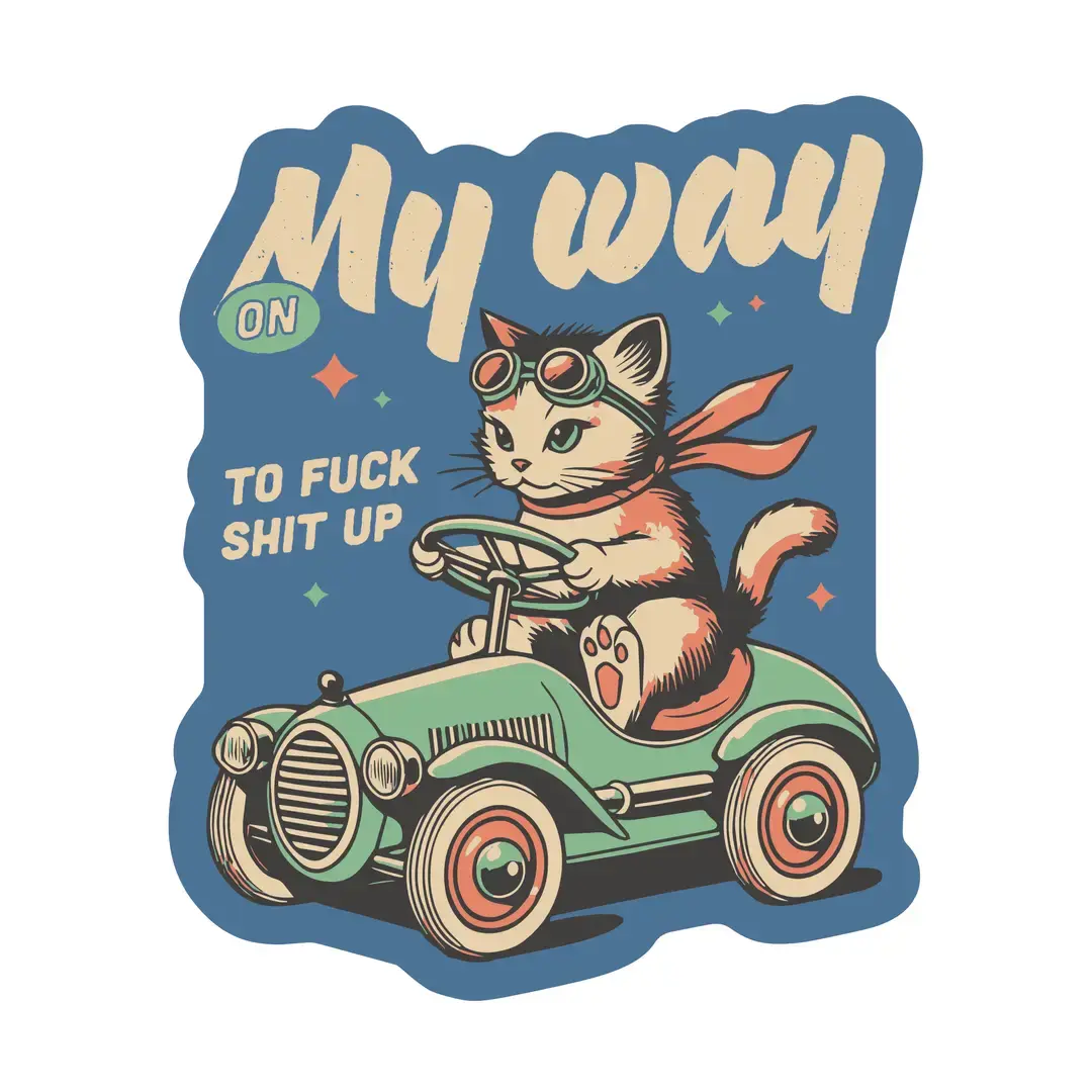 Sarcastic Cat in Race Car "F stuff up" sticker